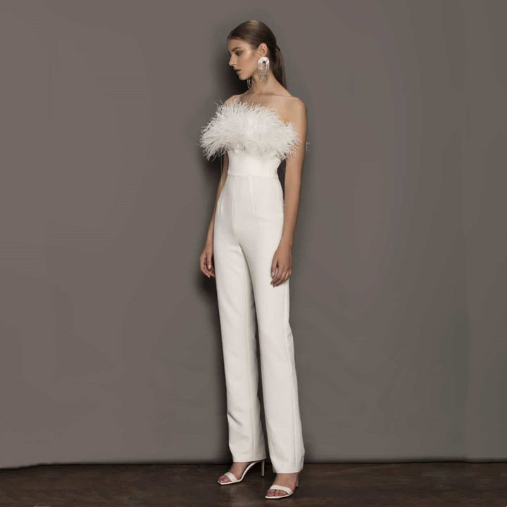 Feather Strapless Bridal Wedding Pantsuit| All For Me Today