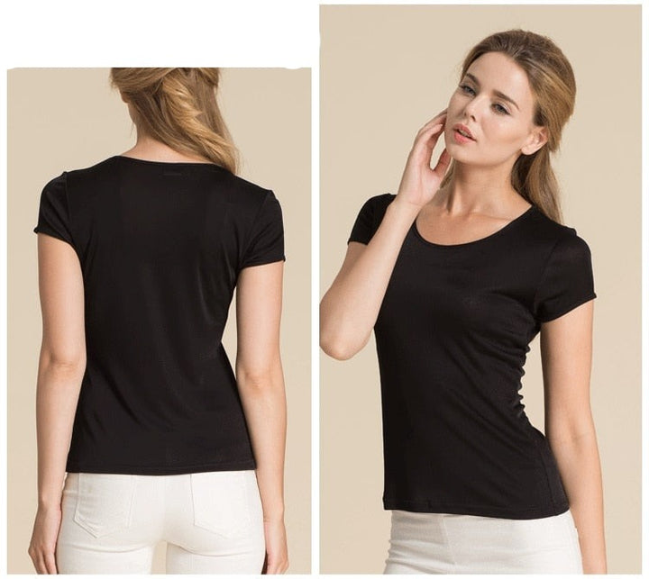 Short Sleeve Scoop Neck Women's Real Silk T-shirt