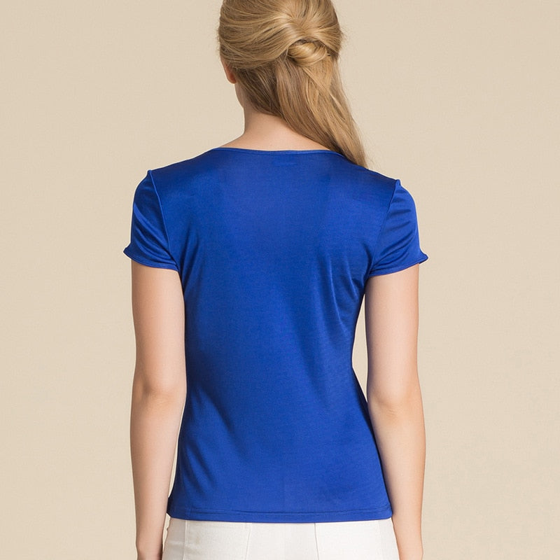 Short Sleeve Scoop Neck Women's Real Silk T-shirt