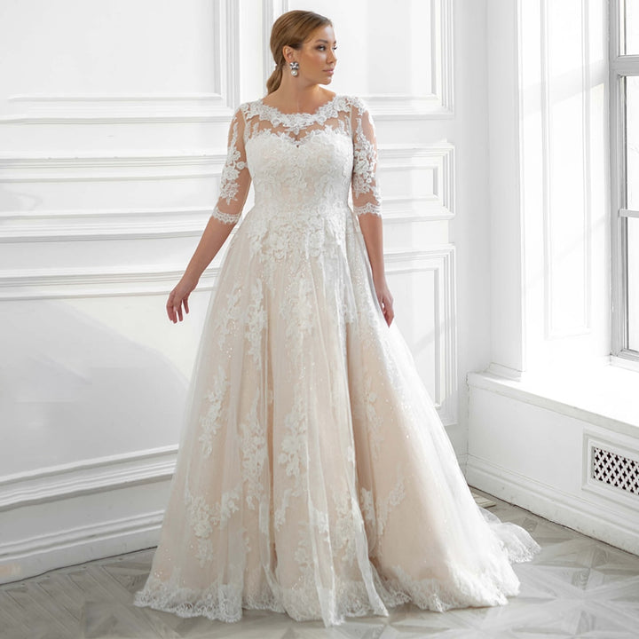 Half Sleeves Applique Plus Size Bridal Dress | All For Me Today