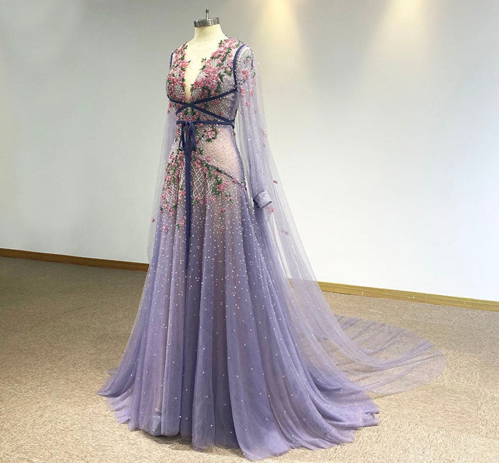Hand Sewing Beading Transparent Cloak Evening Dresses | All For Me Today