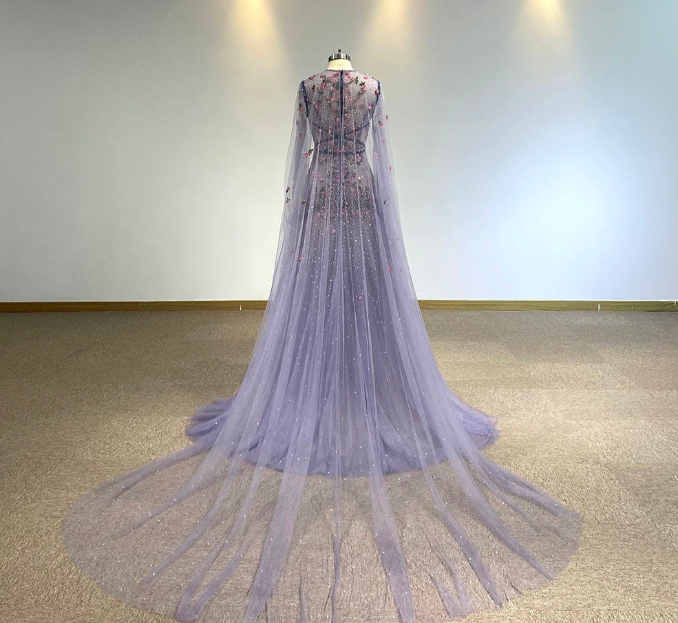 Hand Sewing Beading Transparent Cloak Evening Dresses | All For Me Today