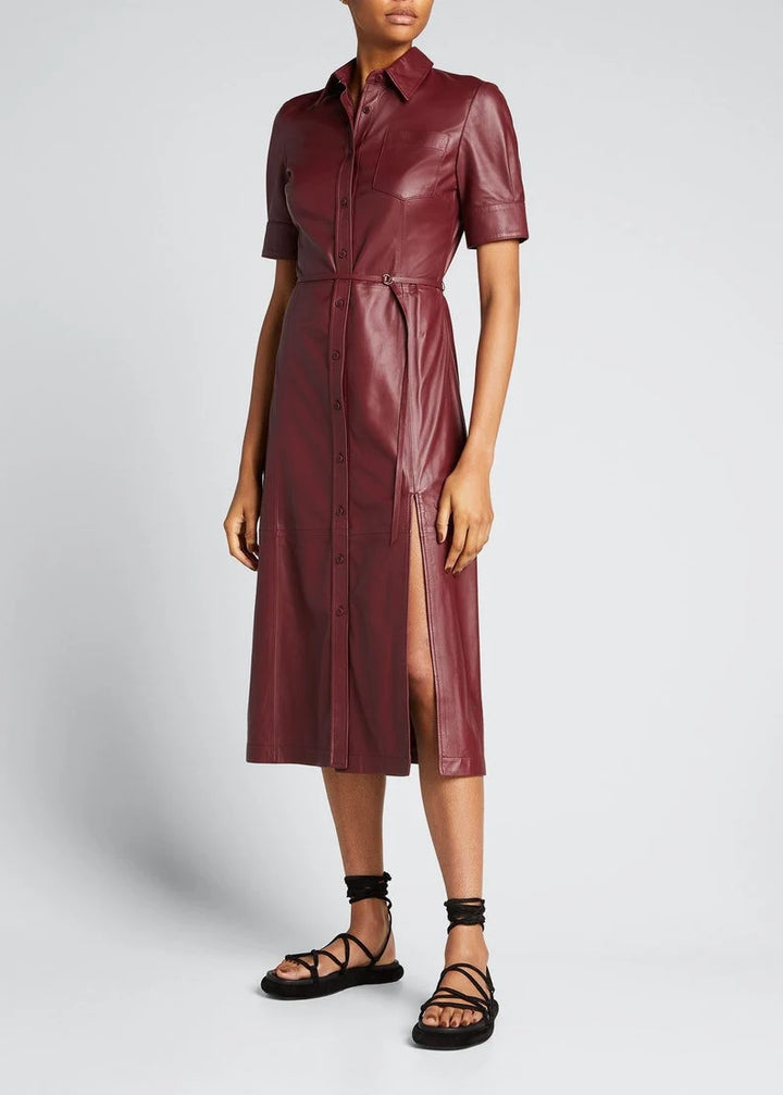 Handmade Lambskin Leather Women's Mid Calf Shirt Dress | All For Me Today