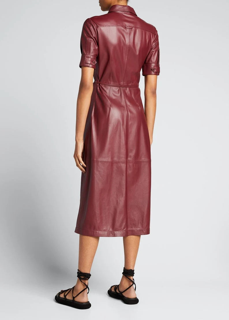 Handmade Lambskin Leather Women's Mid Calf Shirt Dress | All For Me Today