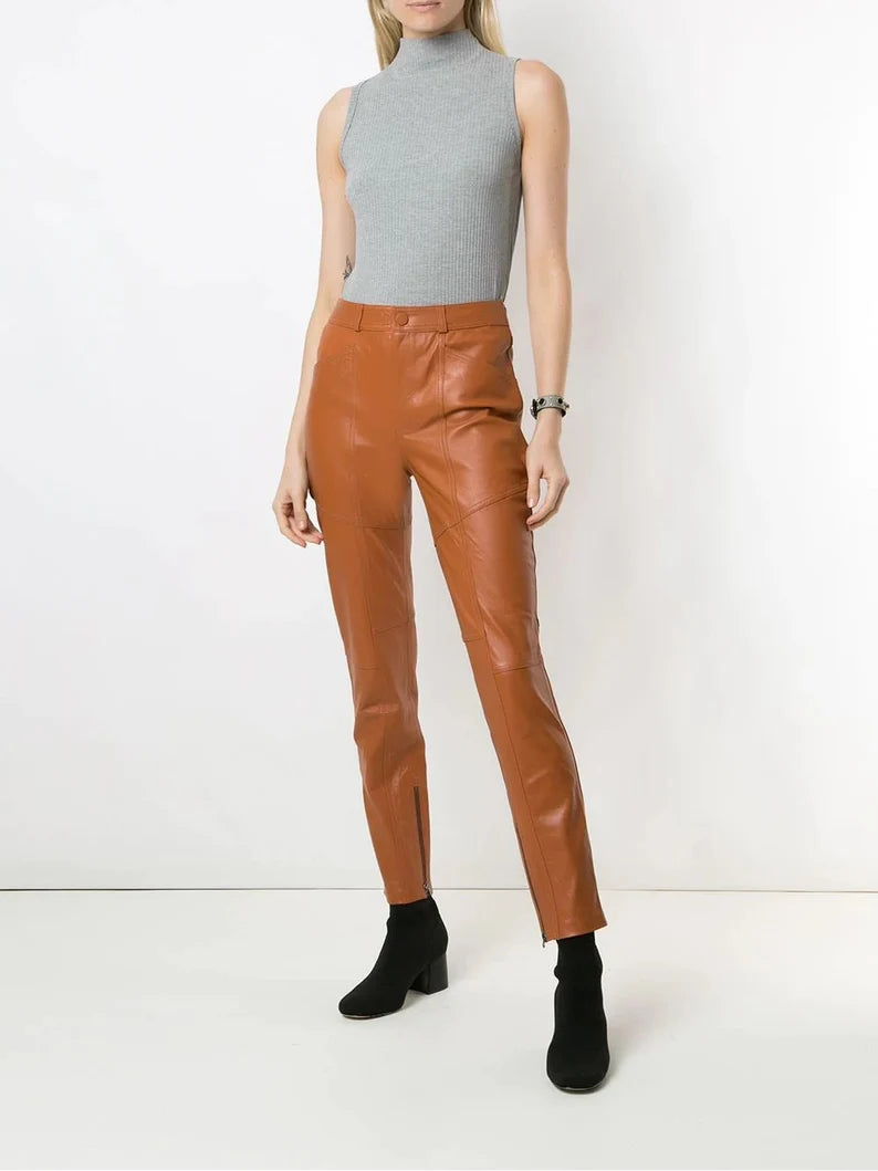 Handmade Lambskin Leather Women's Slim Fit Pants | All For Me Today