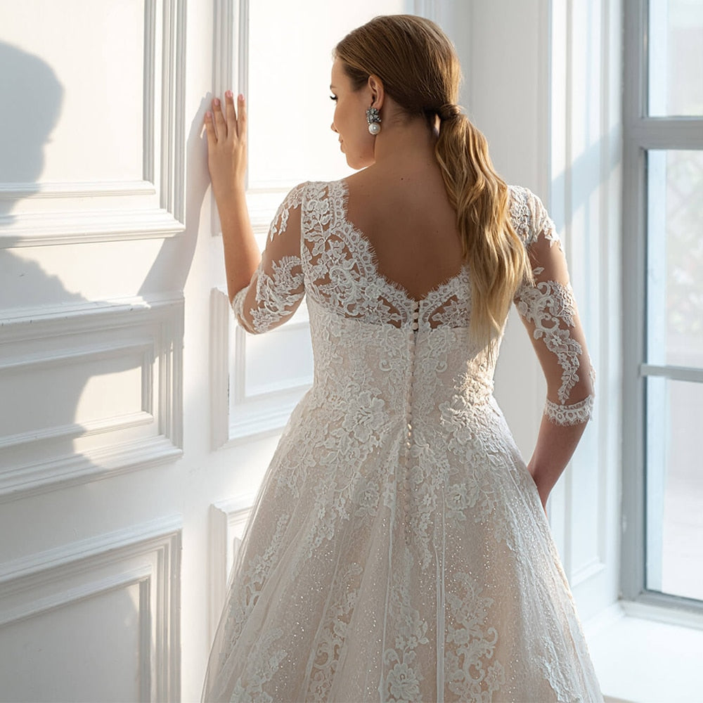 Half Sleeves Applique Plus Size Bridal Dress| All For Me Today