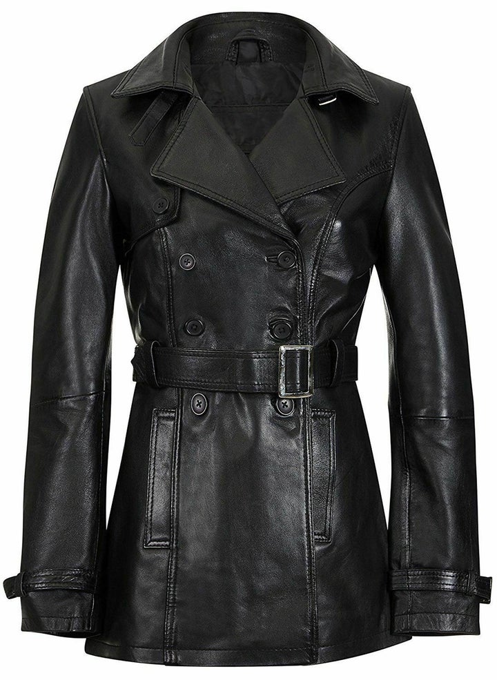 Knee Length Women's Black Leather Trench Coat All For Me Today