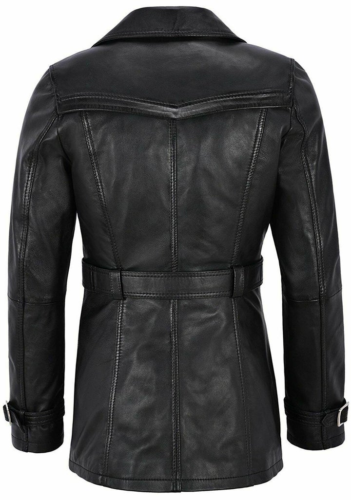 Knee Length Women's Black Leather Trench Coat All For Me Today
