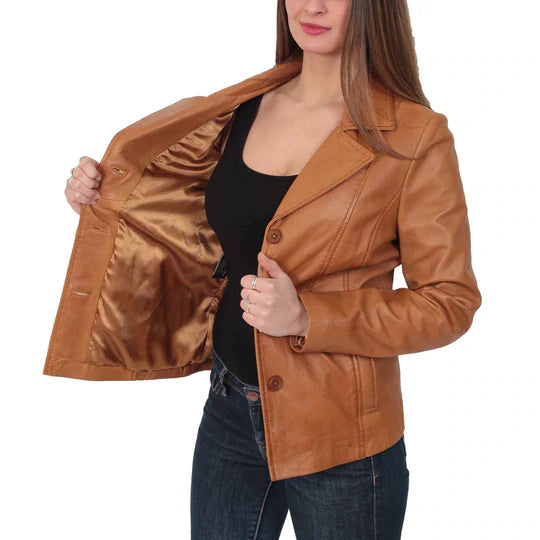 Ladies Leather Hip Fitted Classic Blazer | All For Me Today