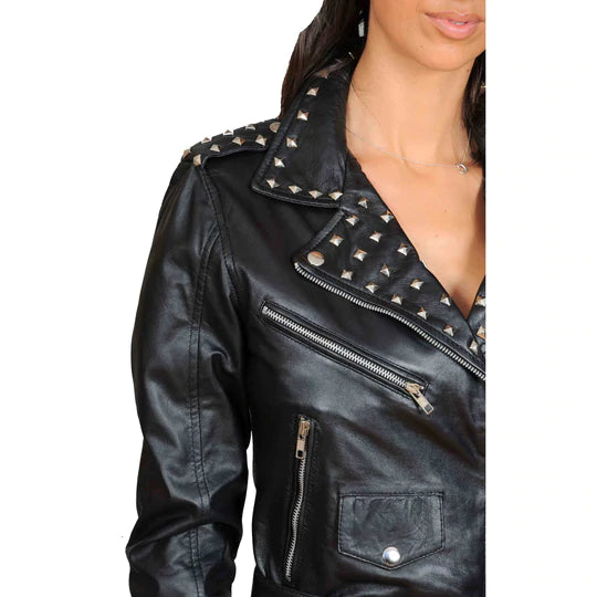 Ladies Studded Cropped Fitted Biker Leather Jacket | All For Me Today