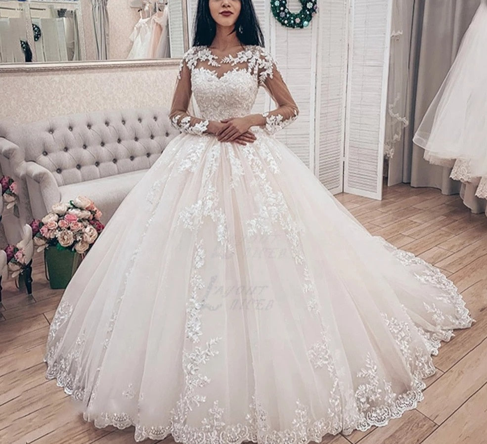 Long Sleeves Illusion Ball Gown Wedding Dress| All For Me Today