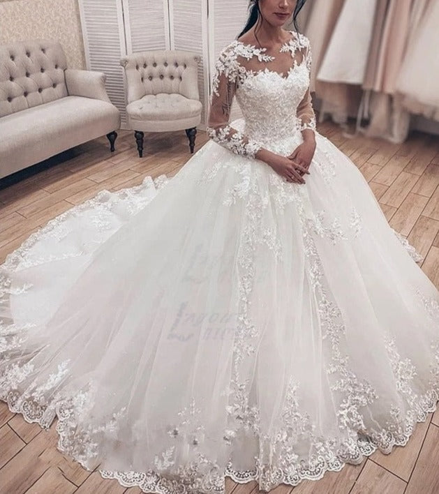 Long Sleeves Illusion Ball Gown Wedding Dress | All For Me Today