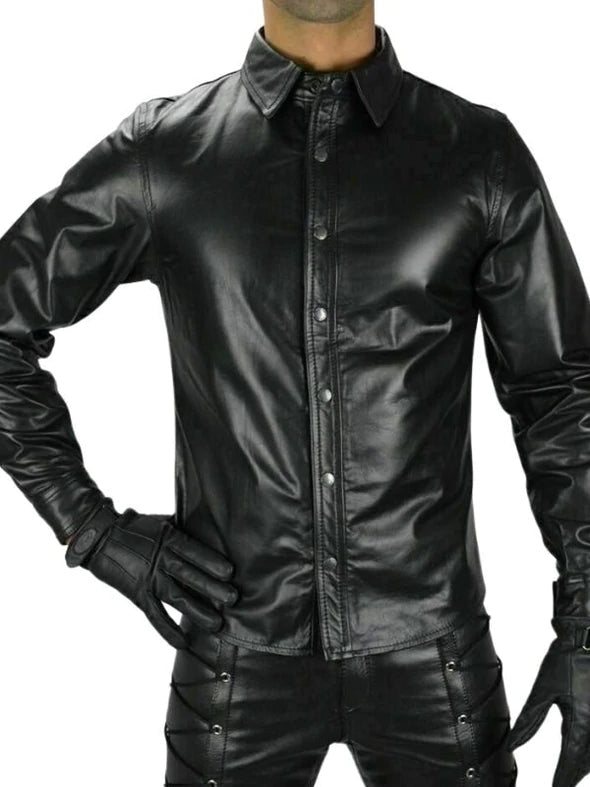 Men's Black Genuine Leather Long Sleeves Shirt| All For Me Today