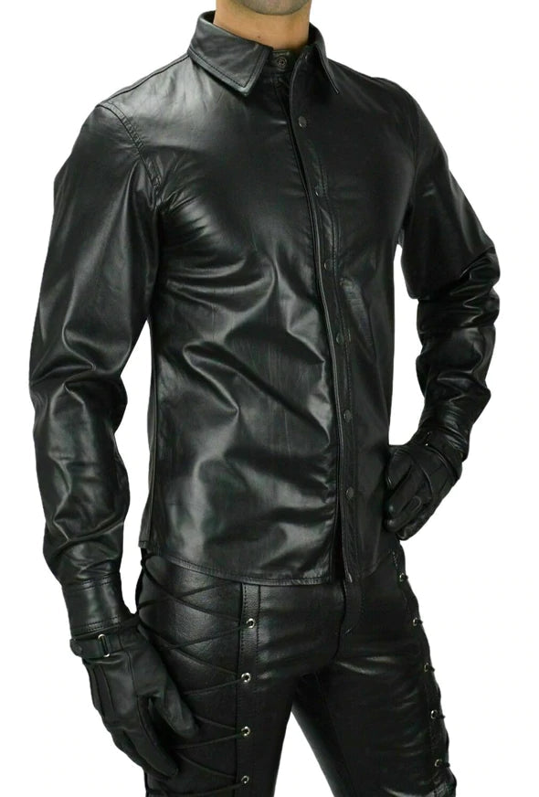 Men's Black Genuine Leather Long Sleeves Shirt| All For Me Today