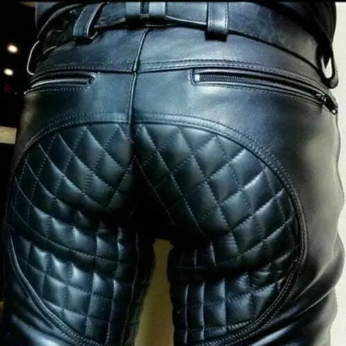 Men's Black Leather Quilted Bike Rider Pant| All For Me Today