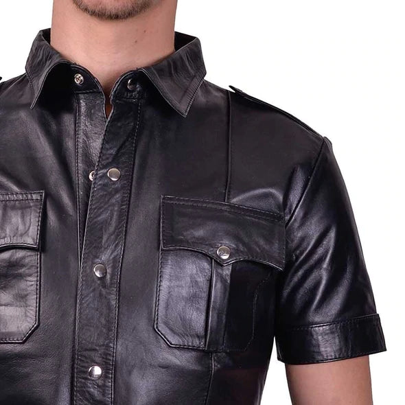 Men's Black Leather Short Sleeves Police Shirt | All For Me Today