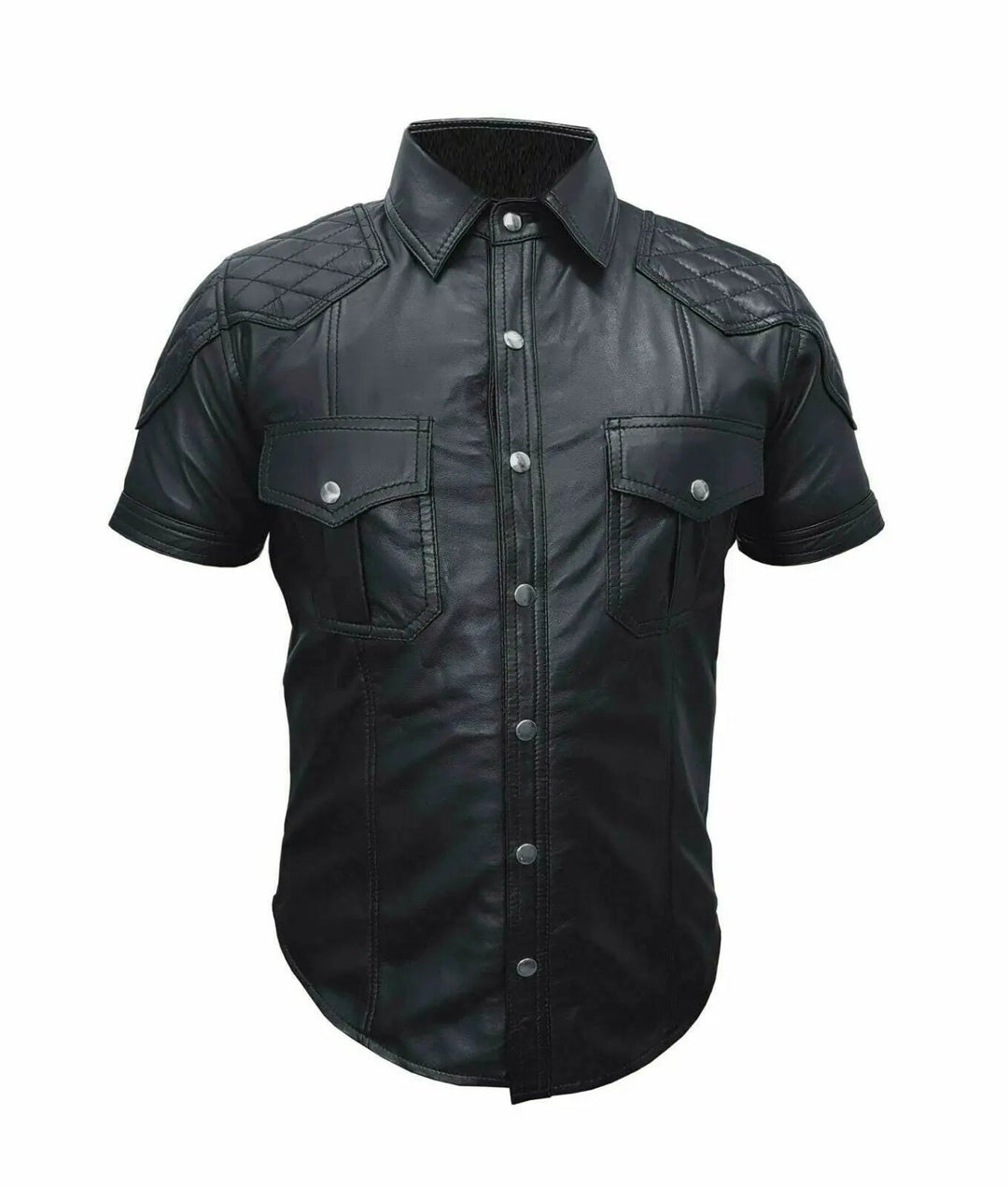 Men's Real Black Leather Police Uniform Style Shirt All For Me Today