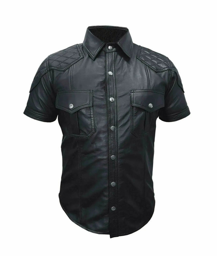 Men's Real Black Leather Police Uniform Style Shirt | All For Me Today