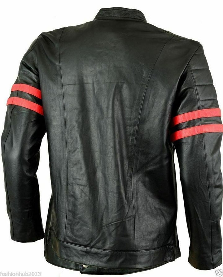 Men's Red Stripe Black Sheepskin Leather Jacket All For Me Today