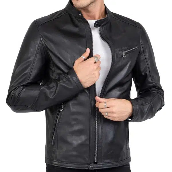 Men's Real Lamb Genuine Leather Black Slim Fit Biker Jacket| All For Me Today