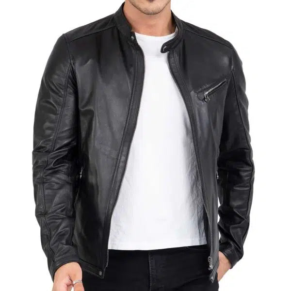 Men's Real Lamb Genuine Leather Black Slim Fit Biker Jacket| All For Me Today