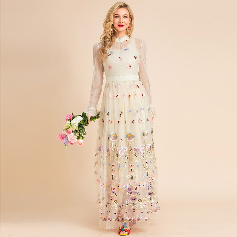 Mesh Flowers Embroidery Women's Maxi Dress | All For Me Today