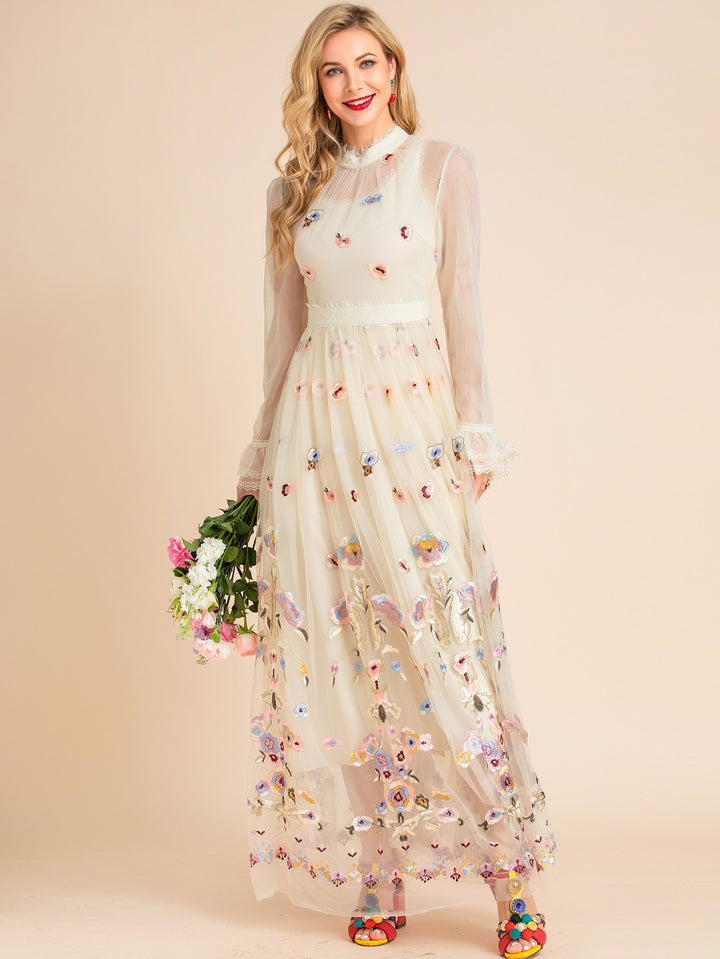 Mesh Flowers Embroidery Women's Maxi Dress | All For Me Today