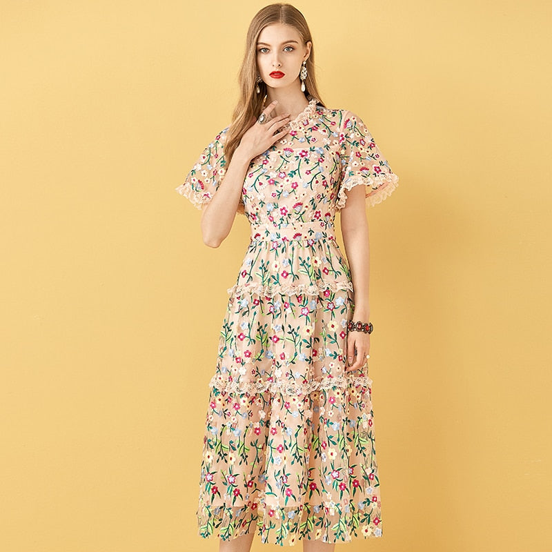 Mesh Flowers Embroidery Women's Midi Dress | All For Me Today