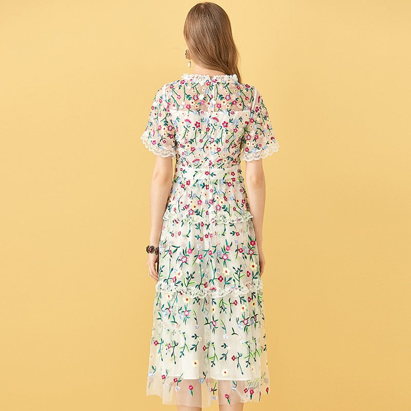 Mesh Flowers Embroidery Women's Midi Dress | All For Me Today