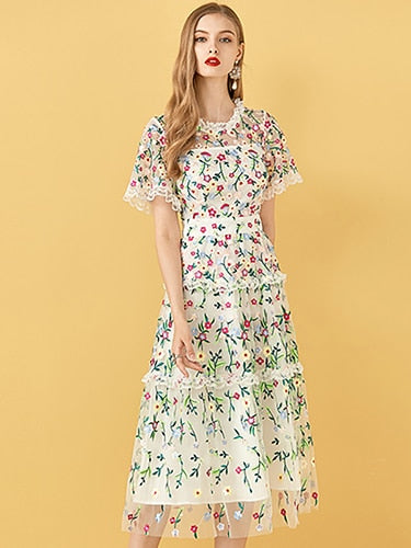 Mesh Flowers Embroidery Women's Midi Dress | All For Me Today