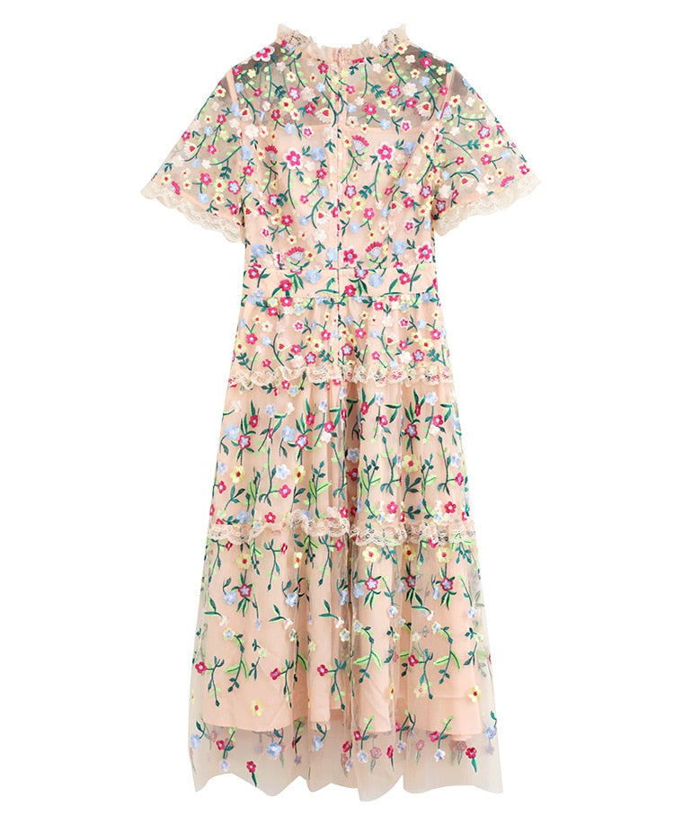 Mesh Flowers Embroidery Women's Midi Dress | All For Me Today