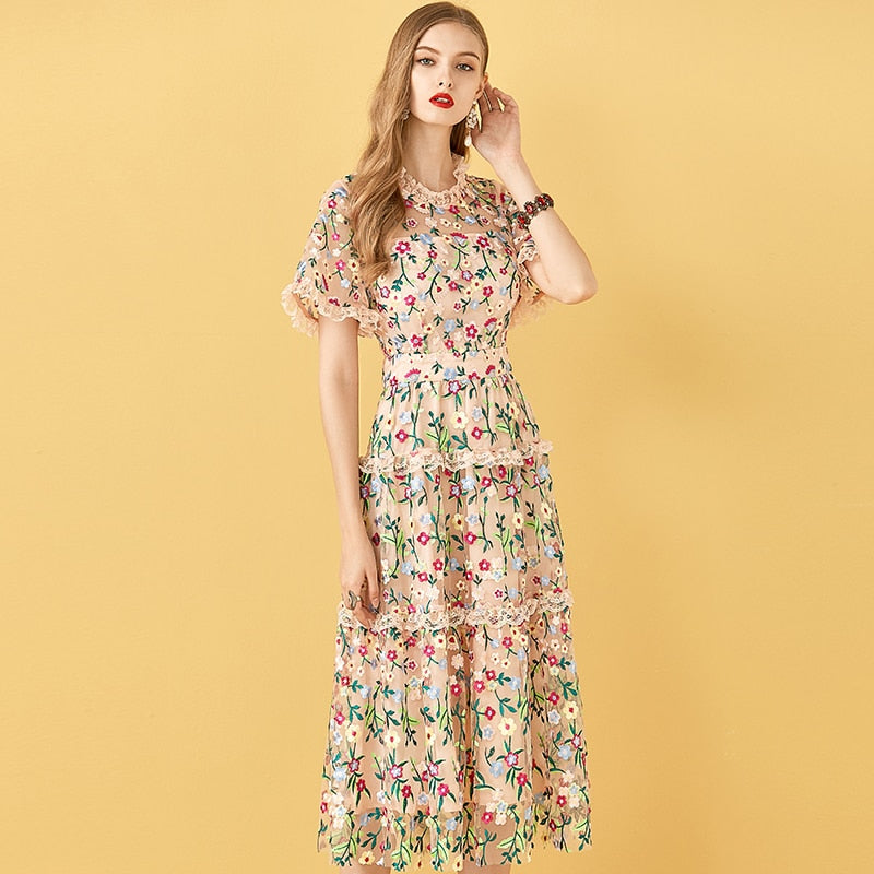 Mesh Flowers Embroidery Women's Midi Dress | All For Me Today