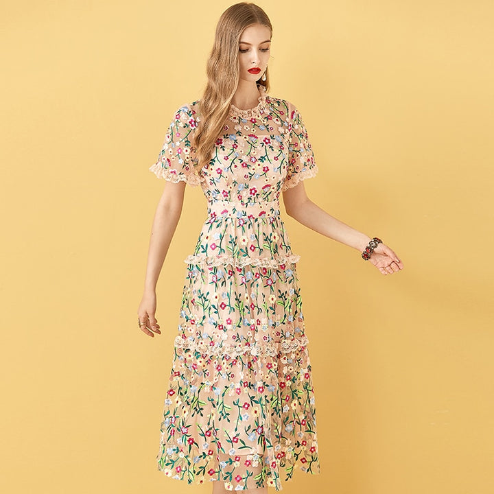 Mesh Flowers Embroidery Women's Midi Dress | All For Me Today