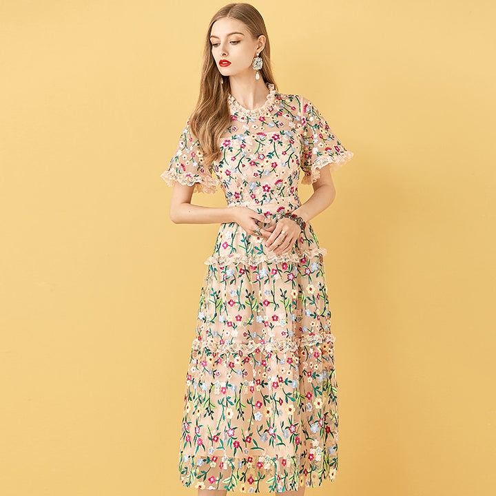 Mesh Flowers Embroidery Women's Midi Dress | All For Me Today