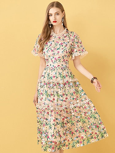 Mesh Flowers Embroidery Women's Midi Dress | All For Me Today