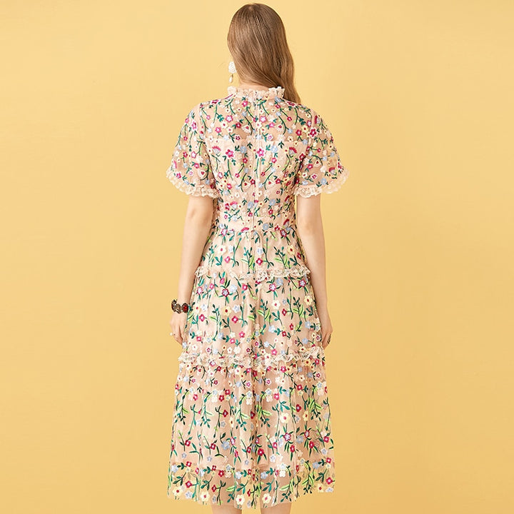 Mesh Flowers Embroidery Women's Midi Dress | All For Me Today