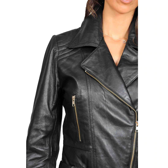 Mid Length Fitted Women's Sheepskin Leather Biker Jacket All For Me Today