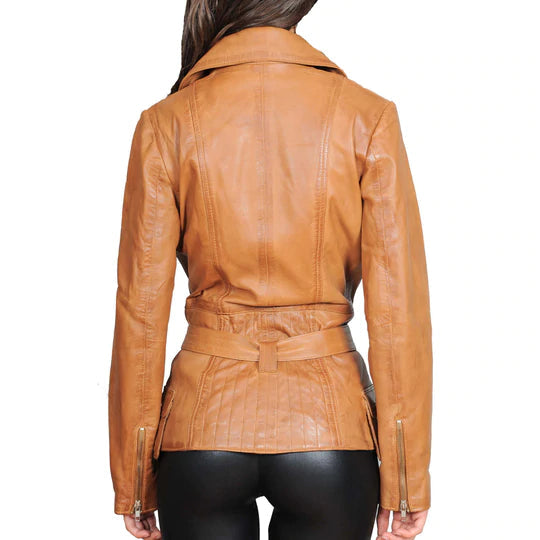 Mid Length Fitted Women's Sheepskin Leather Biker Jacket All For Me Today