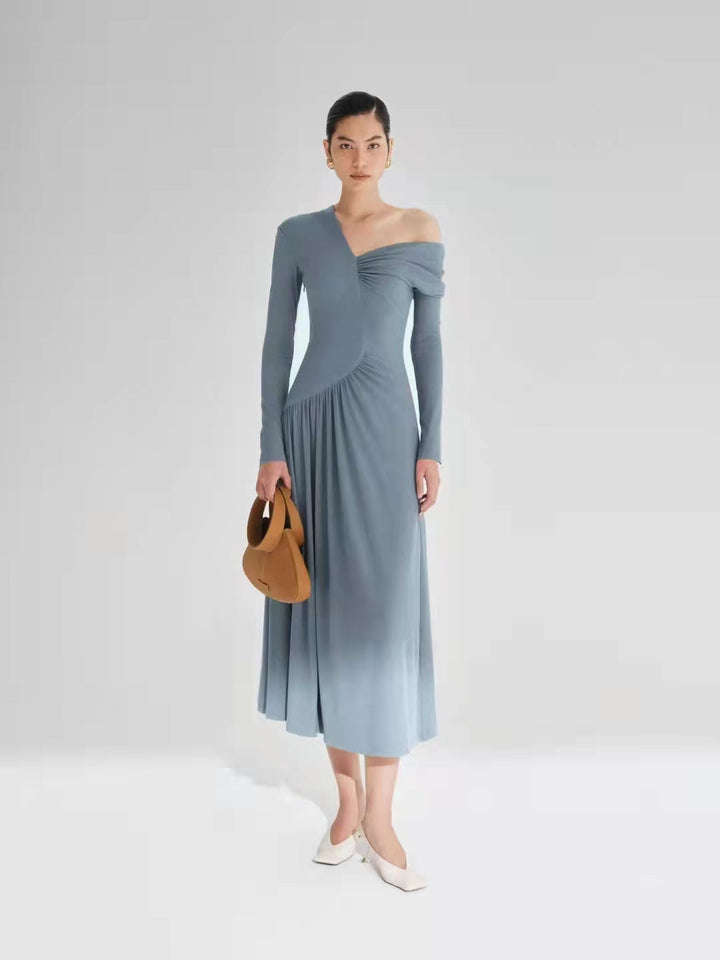 Off Shoulder Slim Pleated Asymmetric Dress | All For Me Today