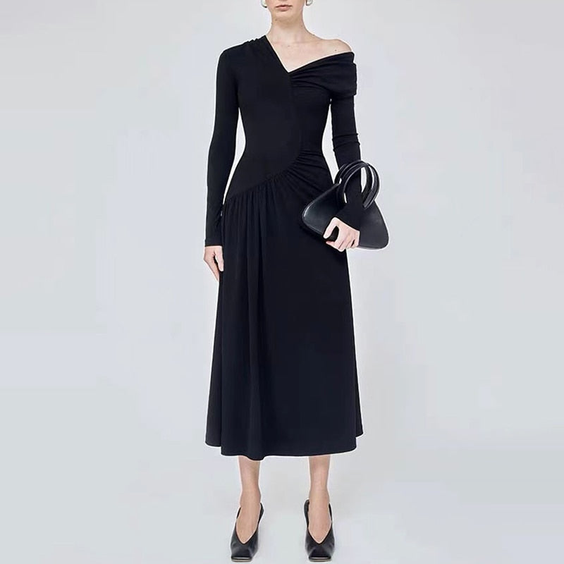 Off Shoulder Slim Pleated Asymmetric Dress | All For Me Today