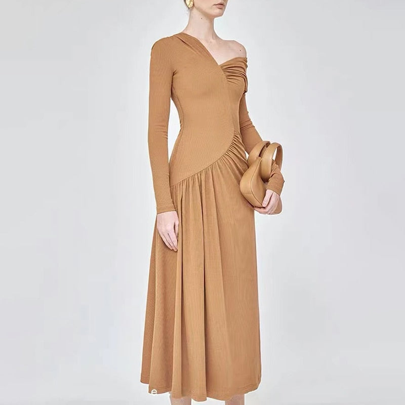 Off Shoulder Slim Pleated Asymmetric Dress All For Me Today