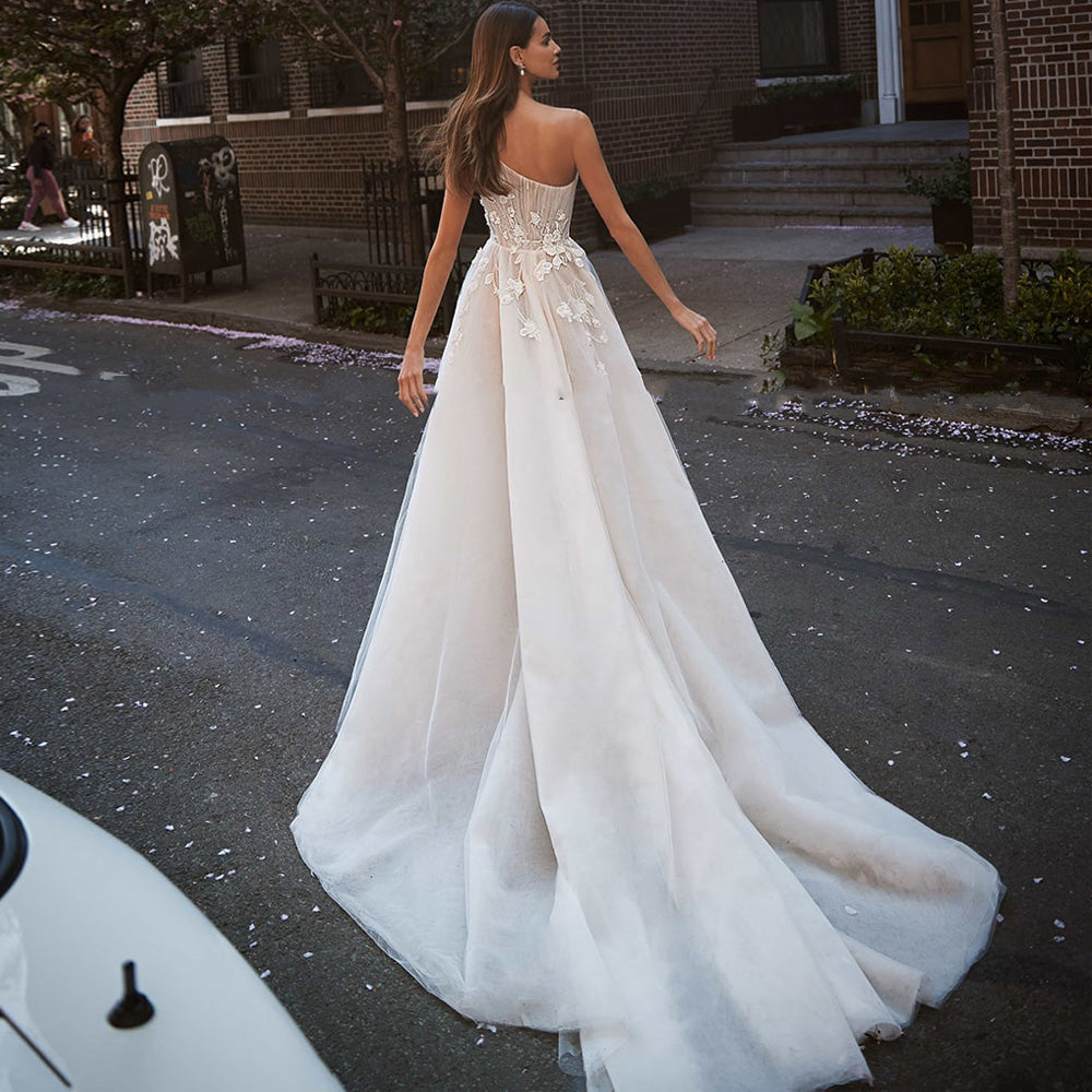 One Shoulder Princess Court Train Tulle Wedding Dress | All For Me Today