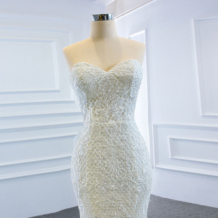 Pearls Lace Mermaid Wedding Dress With Detachable Chapel Train | All For Me Today