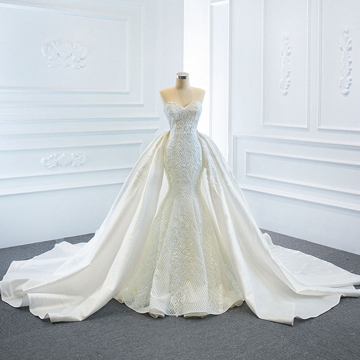 Pearls Lace Mermaid Wedding Dress With Detachable Chapel Train | All For Me Today