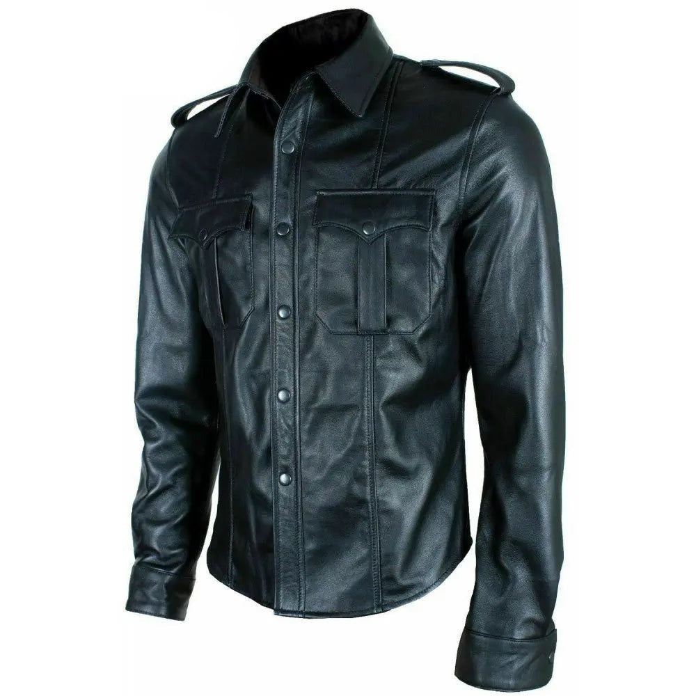 Real Black Leather Men's Police Military Style Full Sleeve Shirt | All For Me Today