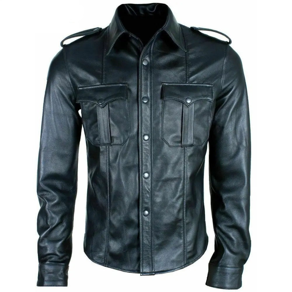 Real Black Leather Men's Police Military Style Full Sleeve Shirt All For Me Today