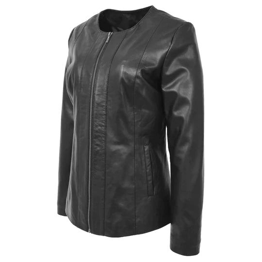 Round Neck Semi Fitted Women's Leather Jacket | All For Me Today