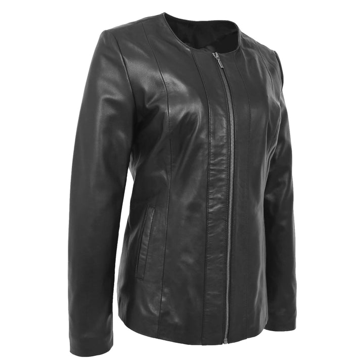 Round Neck Semi Fitted Women's Leather Jacket | All For Me Today