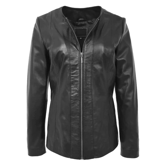 Round Neck Semi Fitted Women's Leather Jacket All For Me Today