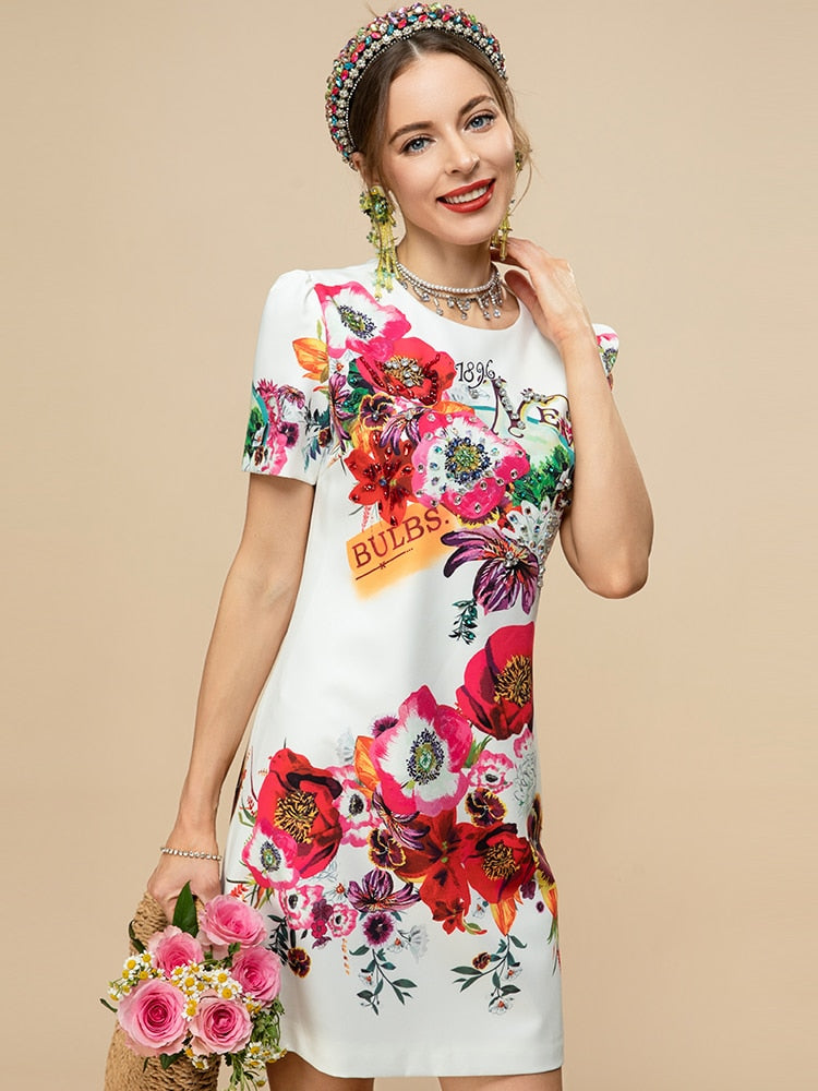Flower Print Beading Women's Mini Dress| All For Me Today
